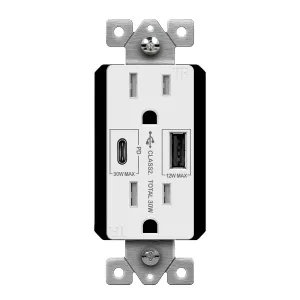 15 Amp Duplex Outlet with USB-A/C Outlet Tamper-Resistant, 30 W Power Delivery, White