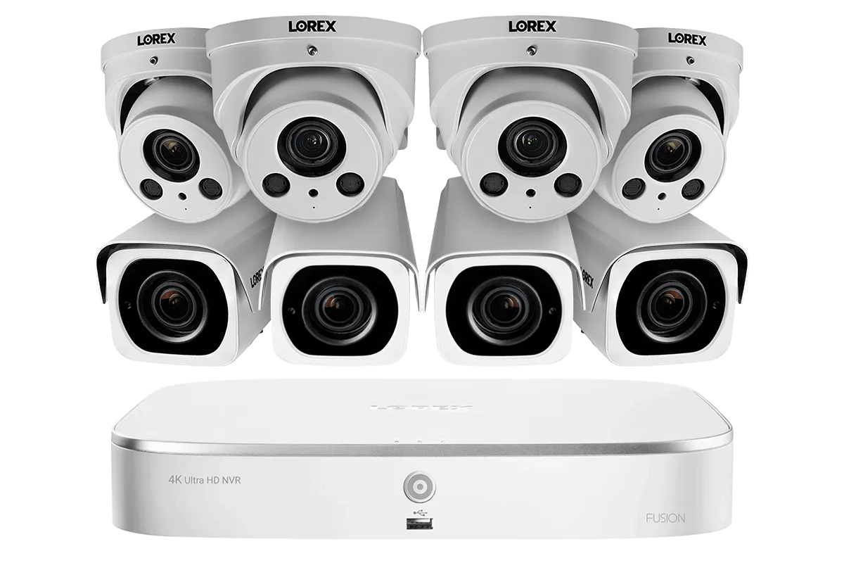 4K Nocturnal IP NVR System with Four Outdoor 4K (8MP) IP Bullet and Four 4K Audio Dome Cameras, 4x Optical Zoom and 250FT Night Vision