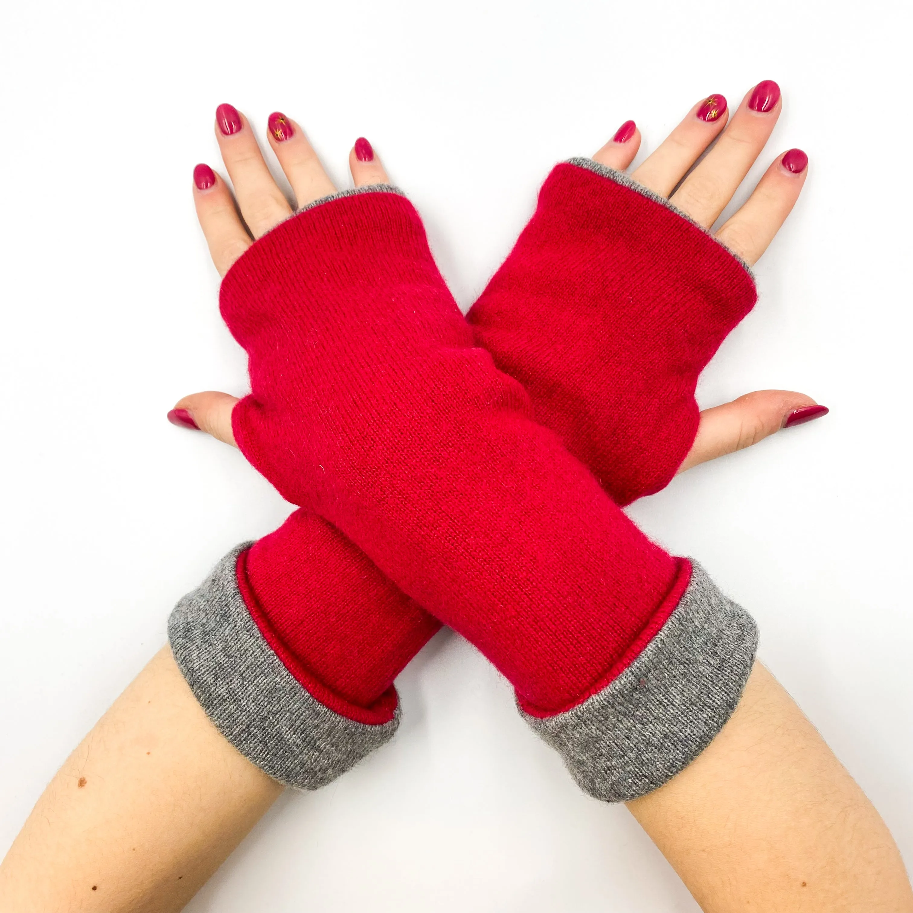 Ash Grey and Red Luxury Reversible Cashmere Fingerless Gloves