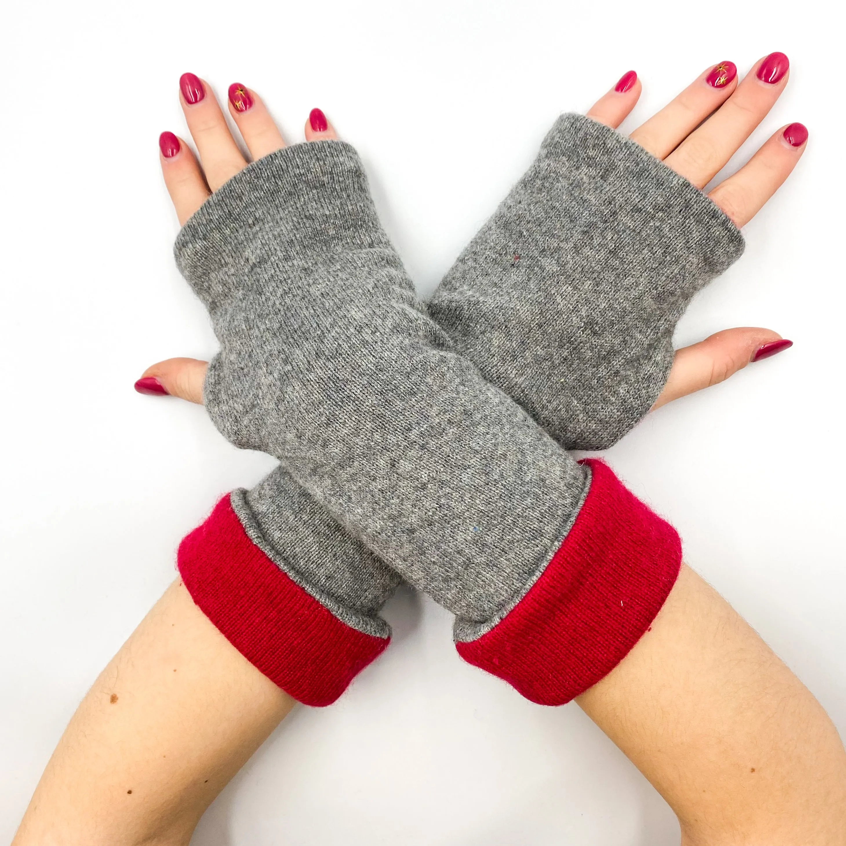 Ash Grey and Red Luxury Reversible Cashmere Fingerless Gloves