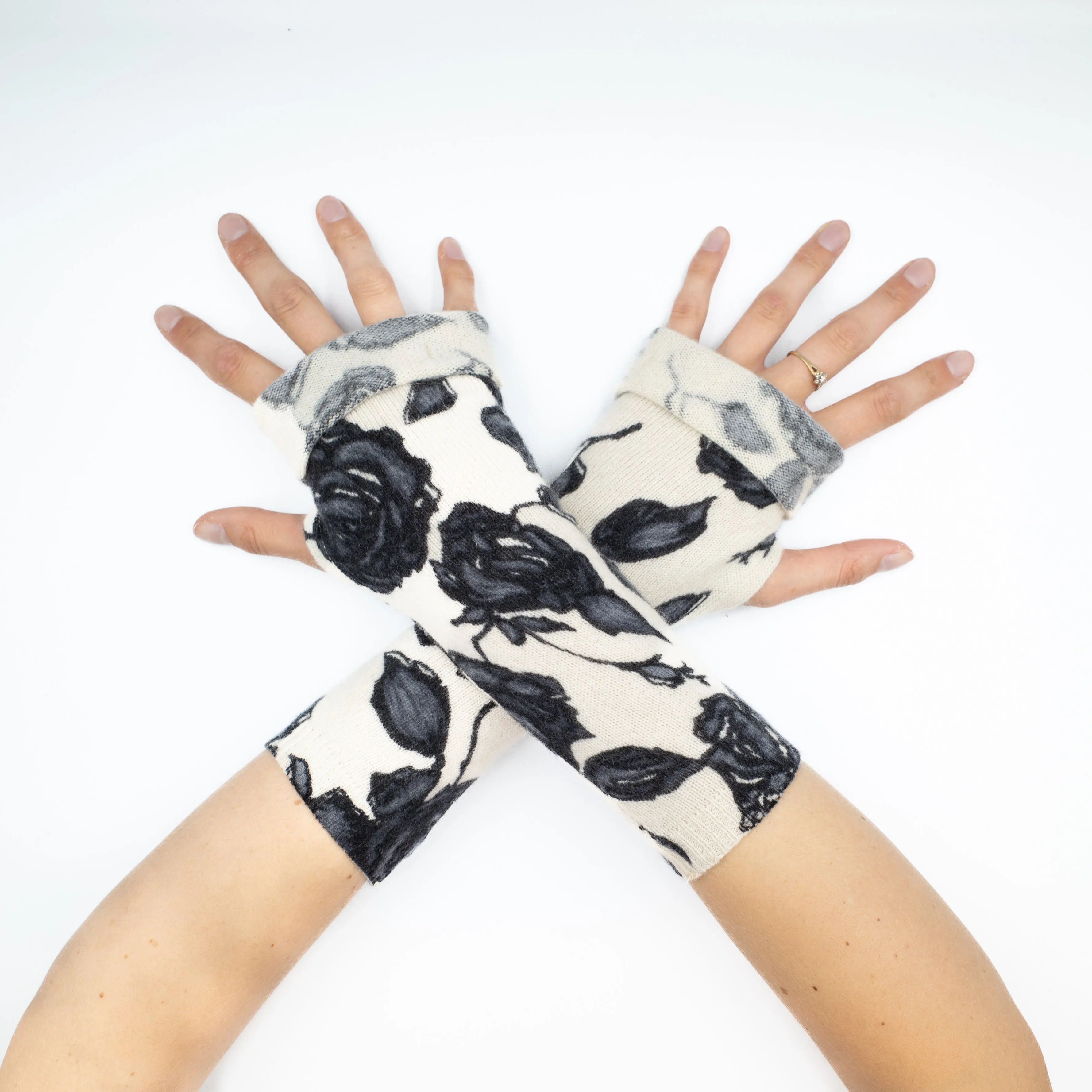 Black and Cream Floral Fingerless Gloves