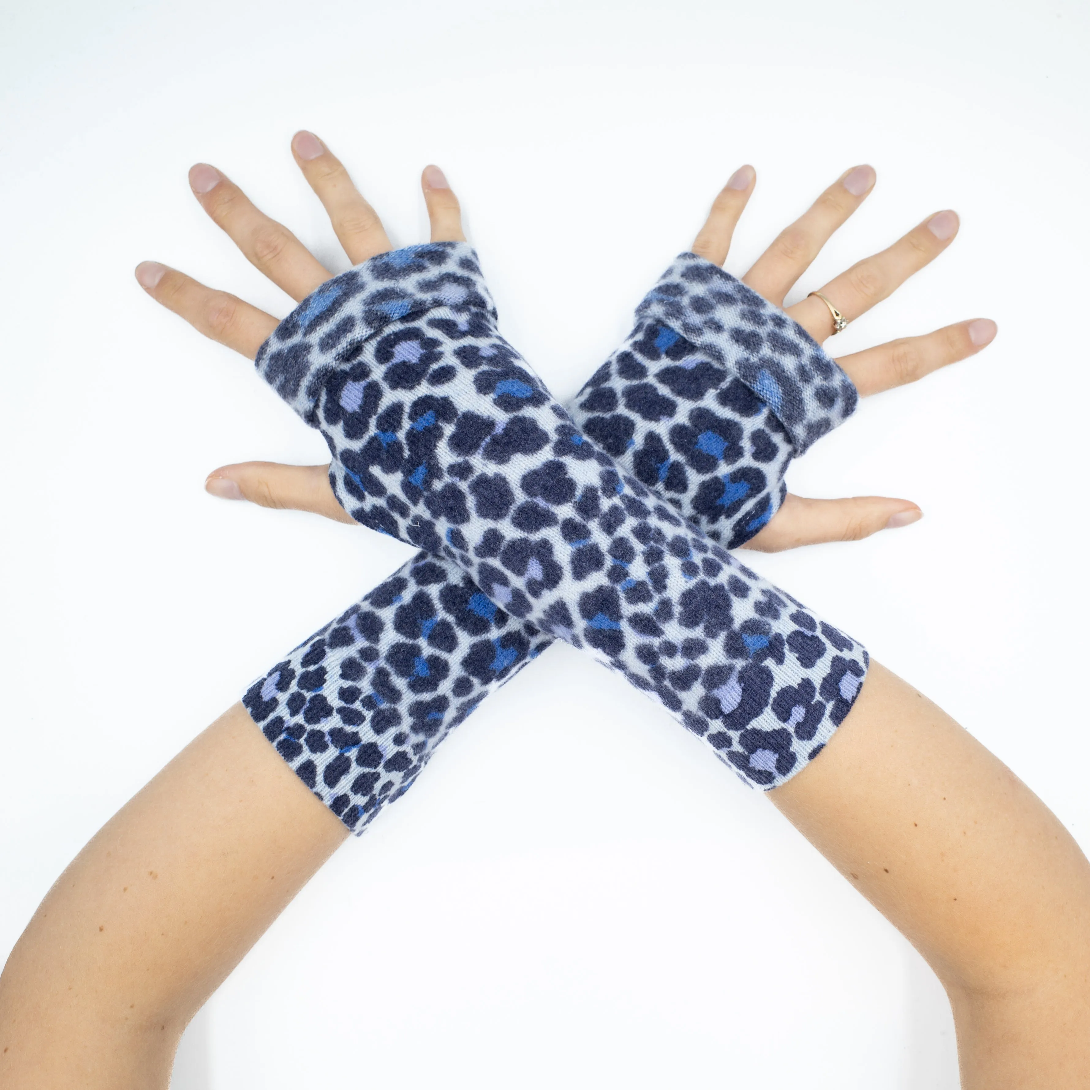 Blue Leopard Print Fingerless Gloves