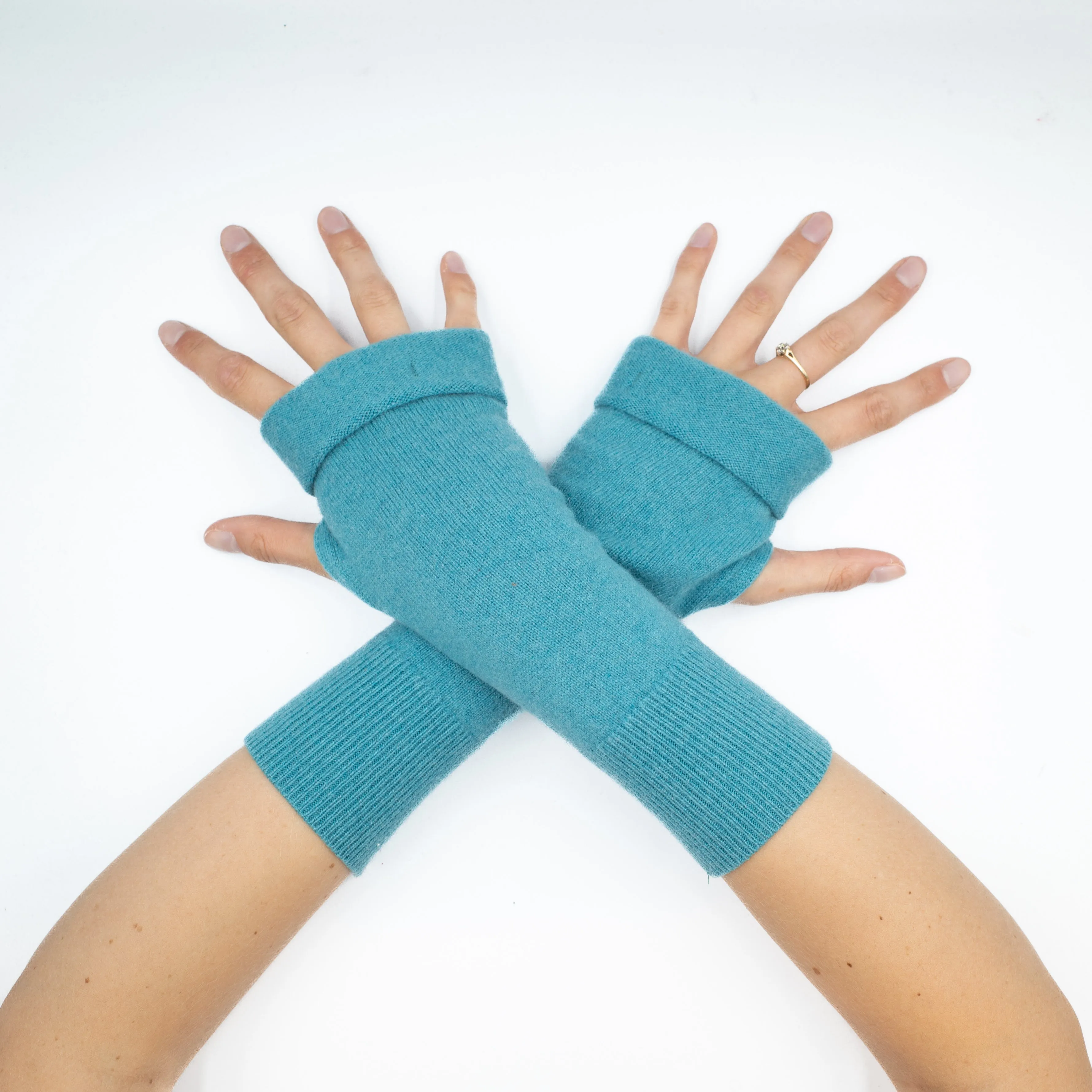 Bright Cyan Blue Fingerless Gloves