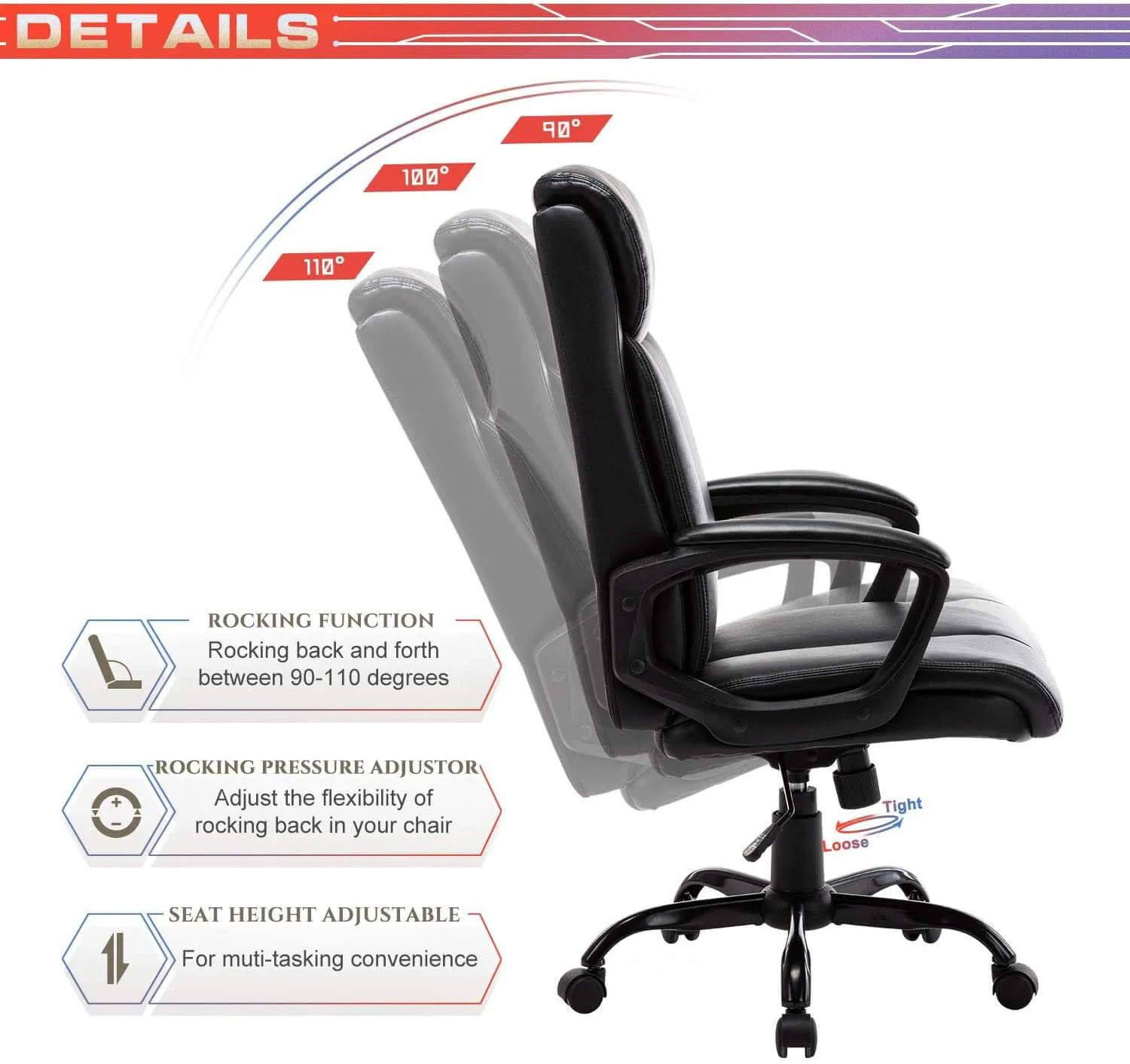 High Back Office Chair Executive Bonded Leather Computer Desk Swivel Task Chair, Black