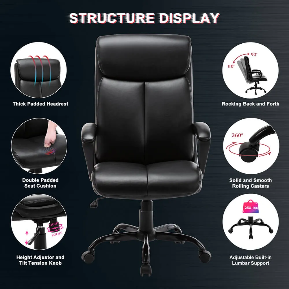 High Back Office Chair Executive Bonded Leather Computer Desk Swivel Task Chair, Black