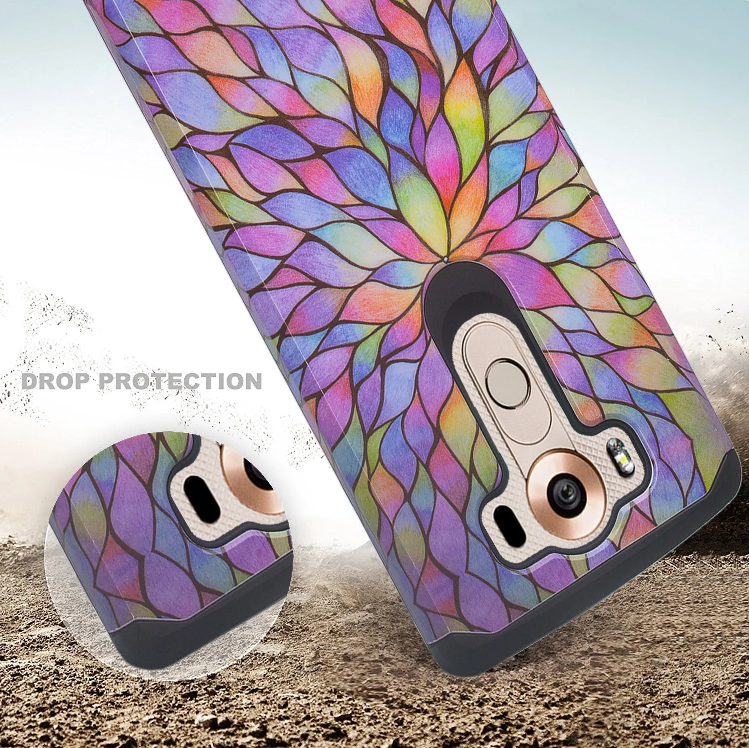 LG V10 Case, Slim Hybrid Dual Layer[Shock Resistant] Armor Case Cover for LG V10 - Rainbow Flower