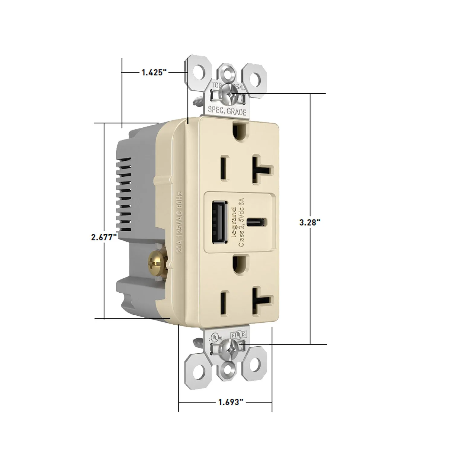 Tamper Resistant 20A Duplex Receptacle with USB Type A/C Fast Charging, Ivory