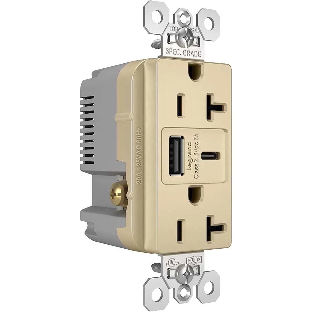 Tamper Resistant 20A Duplex Receptacle with USB Type A/C Fast Charging, Ivory