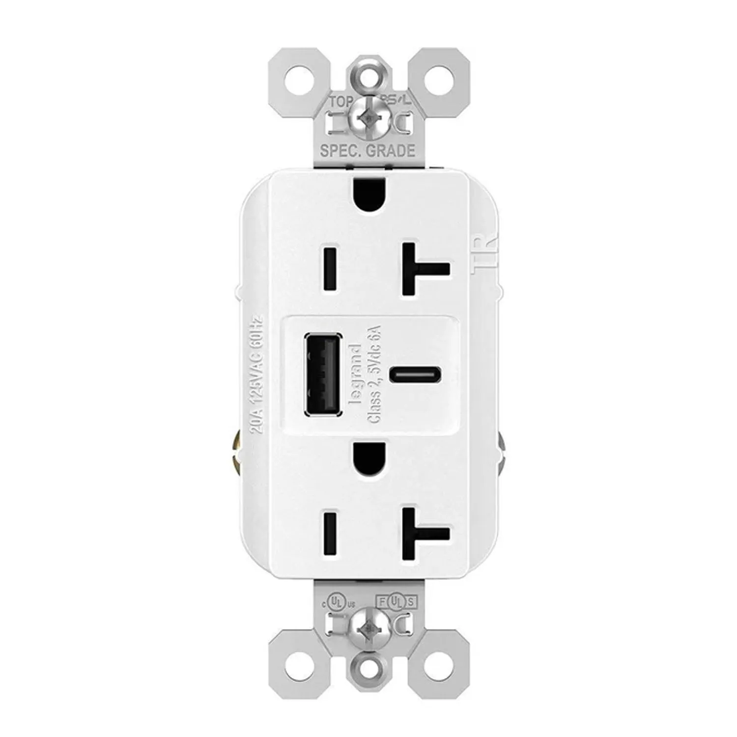 Tamper Resistant 20A Duplex Receptacle with USB Type A/C Fast Charging, White