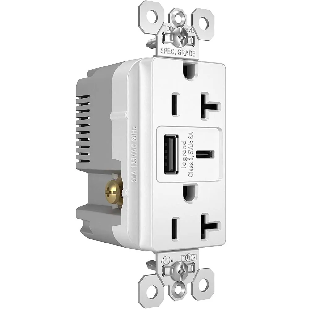 Tamper Resistant 20A Duplex Receptacle with USB Type A/C Fast Charging, White