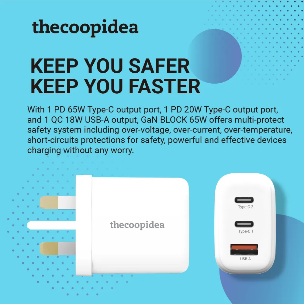 thecoopidea GaN BLOCK 65W 3 Ports PD QC Fast Charge Adapter