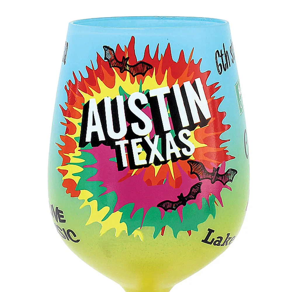 Top Shelf Multicolored Austin Texas Frosted Wine Glass (WS)