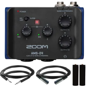 Zoom AMS-24 2x4 USB Audio Interface for Music and Streaming   XLR Microphone Cable & Batteries