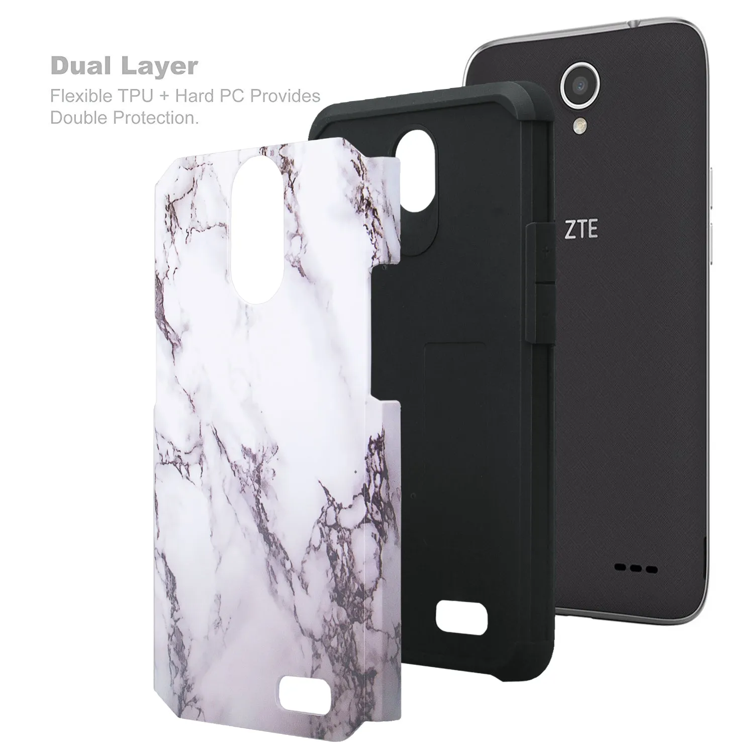 ZTE Prestige Case, Sonata 3, ZTE Avid Plus, ZTE Avid Trio, ZFive 2, Midnight Pro, Maven 2, Cheers, Slim Dual Layer Case Cover - Marble